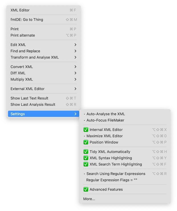 fmCheckMate XML Editor Settings Menu